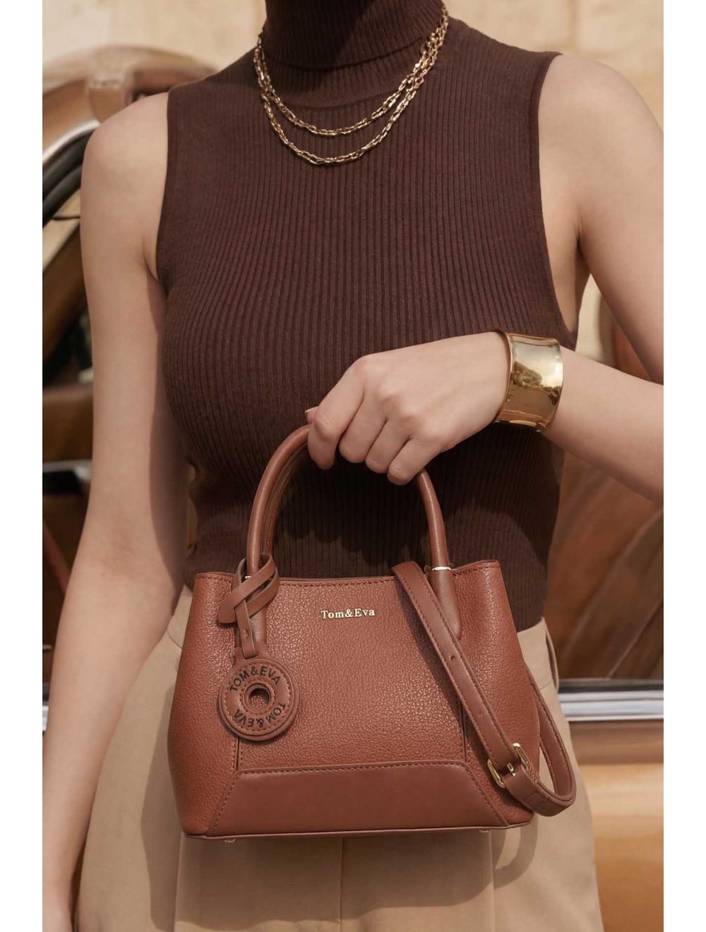 Petit Sac à Main Effet Cuir Grainé Marron